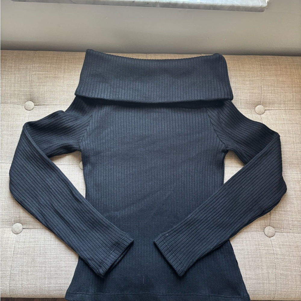 Black Off-Shoulder Ribbed Sweater